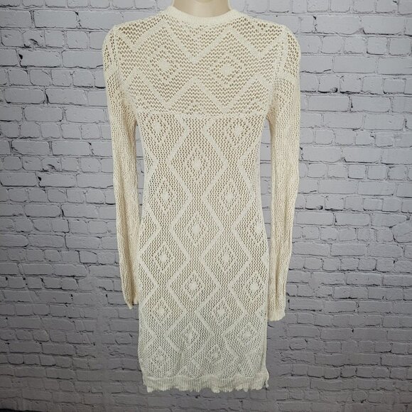 Free People Beige Crochet Sheer Buttoned Long Sleeve Cardigan Sweater Small S - Picture 2 of 15